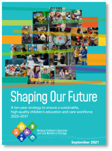 An image of the front cover of Shaping Our Future: A ten-year strategy to ensure a sustainable high-quality children's education and care workforce 2022-2031 (National Children's Education and Care Workforce Strategy)